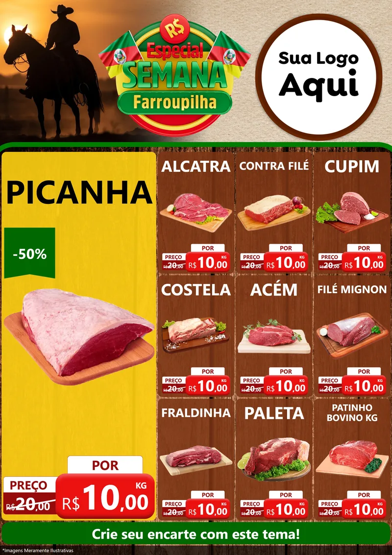 Modelo de Encarte para Encarte A4 Vertical com o tema Especial Semana Farroupilha para Açougue