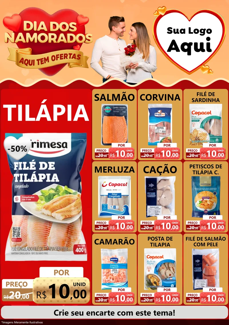 Modelo de Encarte para Encarte A4 Vertical com o tema Dia dos Namorados - Aqui Tem Ofertas para Peixaria