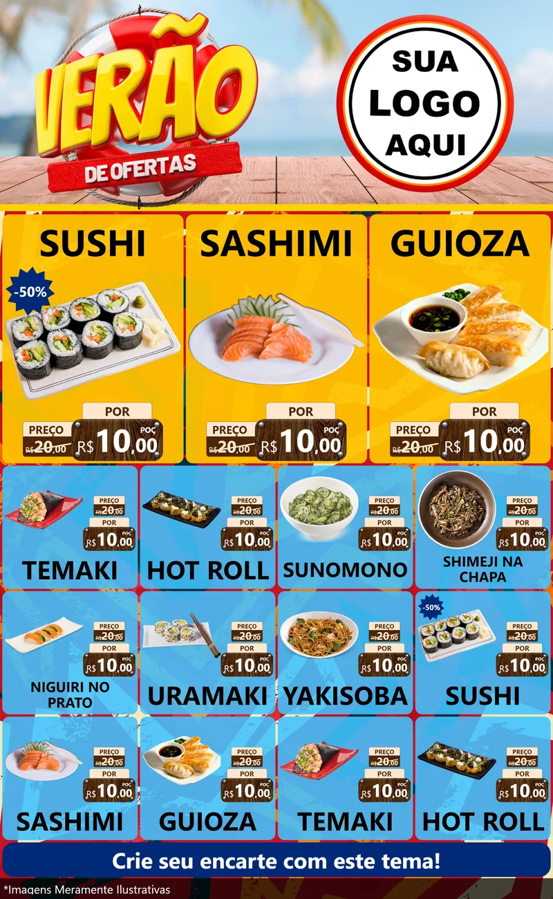 Modelo de Encarte para Encarte Grande com o tema Verão de Ofertas para Comida japonesa