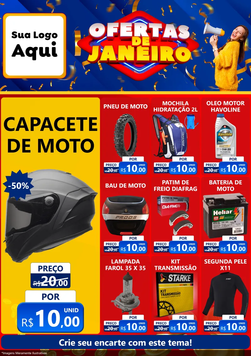 Modelo de Encarte para Encarte A4 Vertical com o tema Ofertas de Janeiro para Moto peças