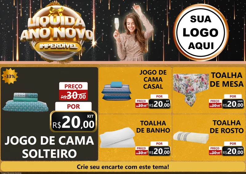 Modelo de Encarte para Encarte A4 Horizontal com o tema Liquida Ano Novo Imperdível para Cama, Mesa e Banho