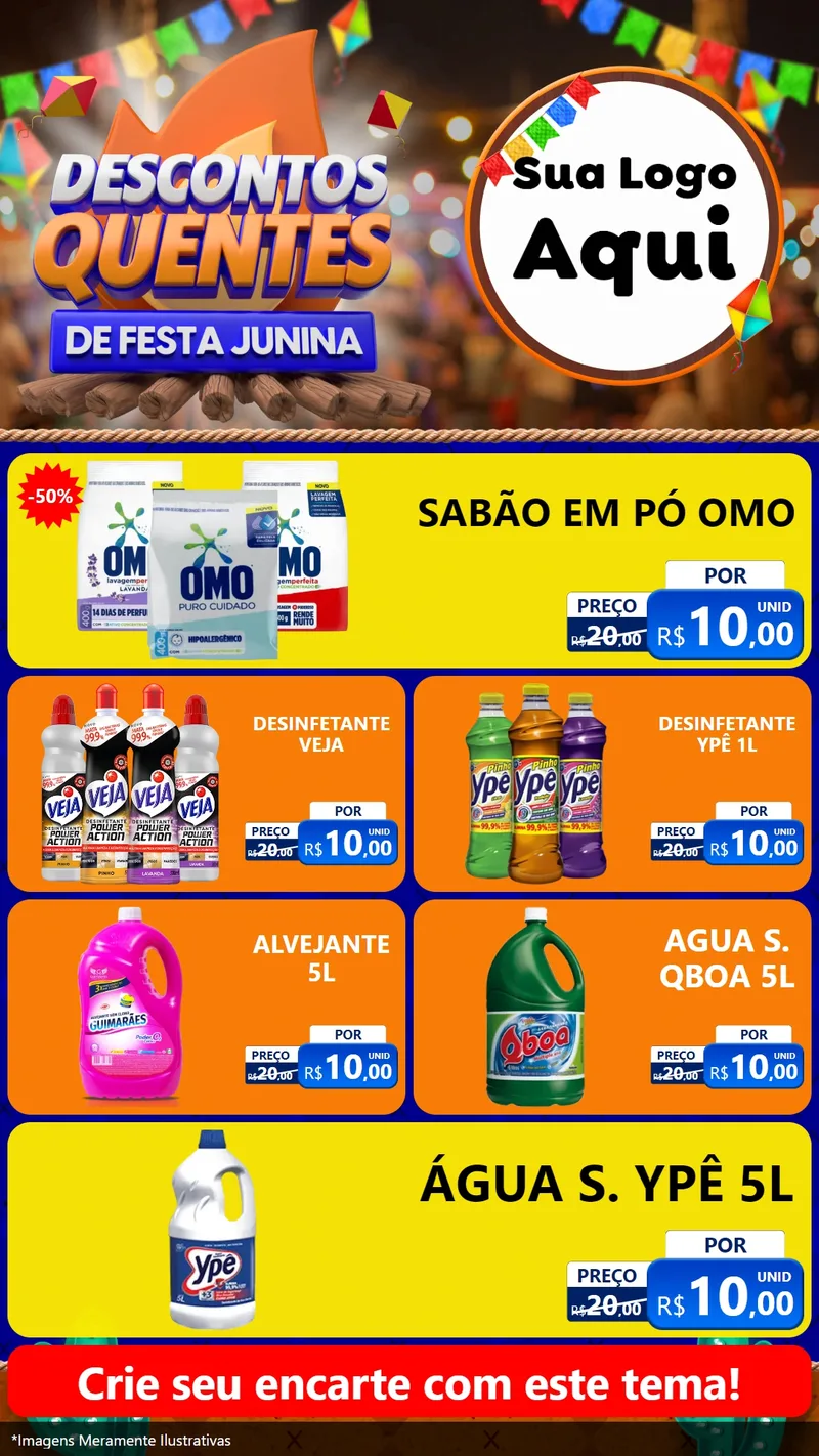 Modelo de TV para TV Vertical com o tema Descontos Quentes de Festa Junina para Produtos de Limpeza