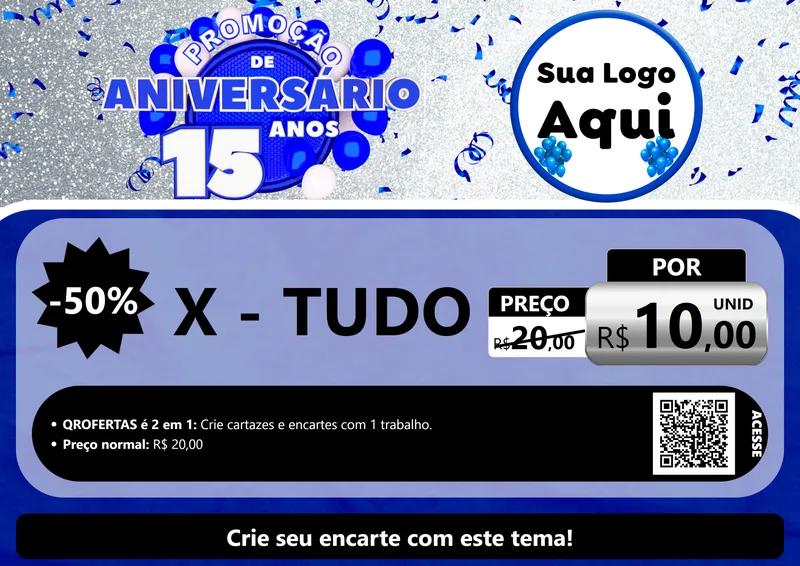 Modelo de Cartaz para Cartaz A4 Horizontal com o tema Promoção de Aniversário - 15 Anos para Hamburgueria