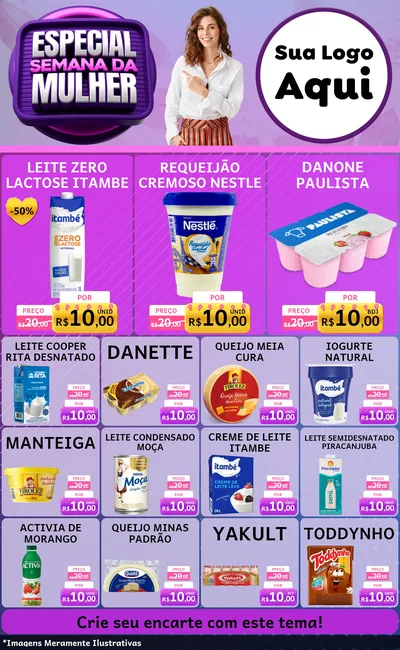 Modelo de Encarte para Encarte Grande com o tema Especial Semana da Mulher para Frios e Laticínios