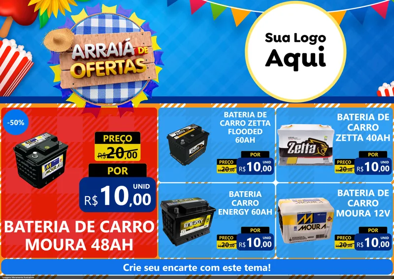 Modelo de Encarte para Encarte A4 Horizontal com o tema Arraiá de Ofertas para Baterias Elétricas