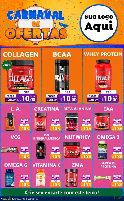 Modelo de Encarte para Encarte Grande com o tema Carnaval de Ofertas para Suplementos alimentares