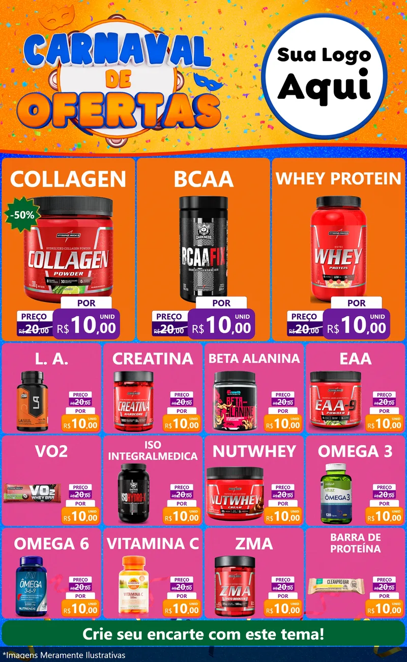 Modelo de Encarte para Encarte Grande com o tema Carnaval de Ofertas para Suplementos alimentares
