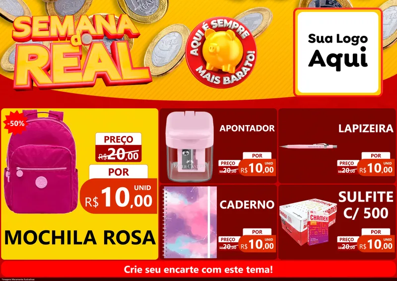 Modelo de Encarte para Encarte A4 Horizontal com o tema Semana do Real para Papelaria