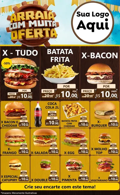 Modelo de Encarte para Encarte Grande com o tema Ofertas de São João - Junina para Hamburgueria