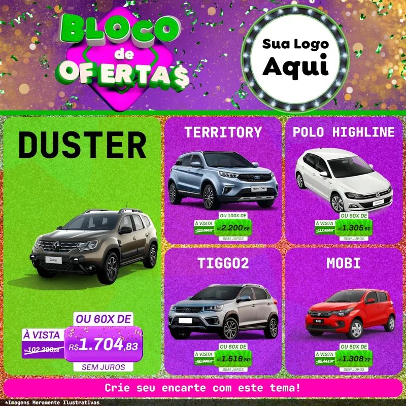 Modelo de Rede Social para Feed Facebook com o tema Bloco de Ofertas para Concessionaria de Carros
