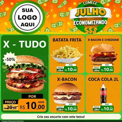 Modelo de Rede Social para Feed Facebook com o tema Comece Julho Economizando para Hamburgueria