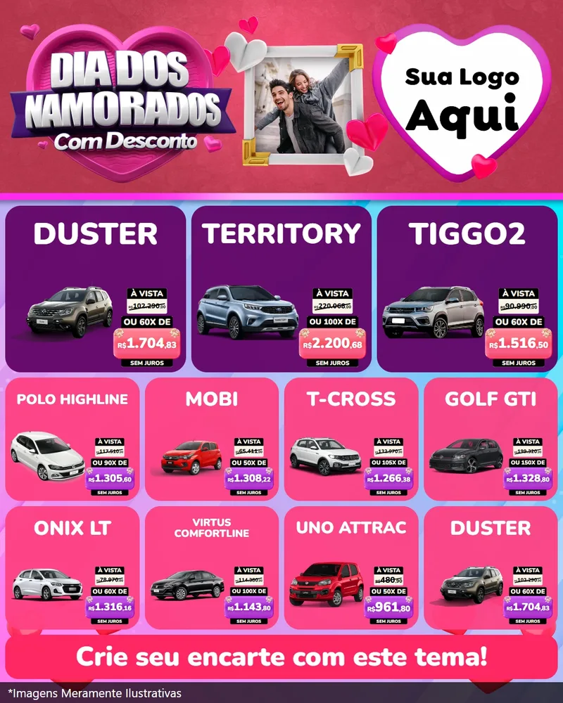 Modelo de Rede Social para Feed Instagram com o tema Dia Dos Namorados Com Desconto para Concessionaria de Carros