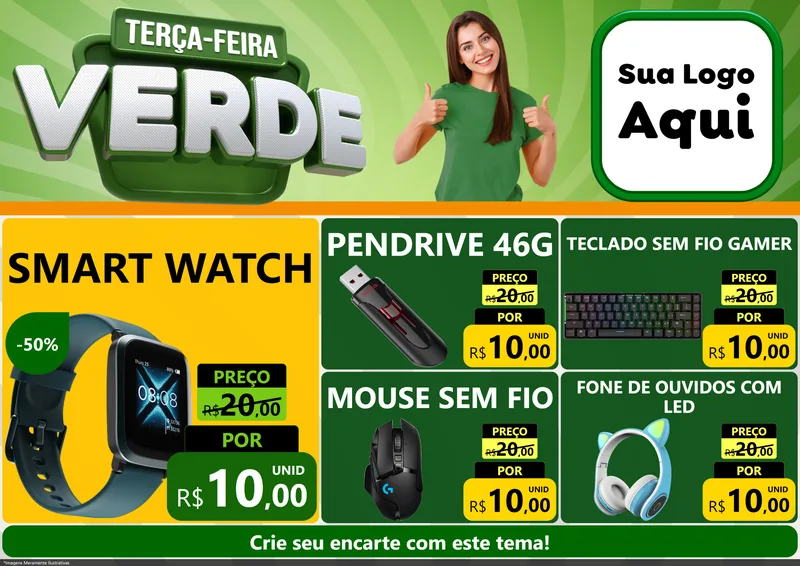 Modelo de Encarte para Encarte A4 Horizontal com o tema Terça - Feira Verde para Informática