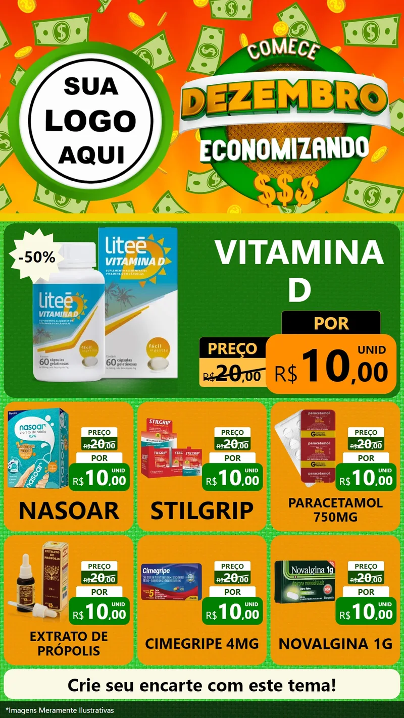 Modelo de Rede Social para Stories com o tema Comece Dezembro Economizando para Farmácia