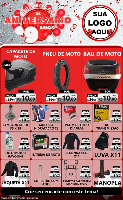 Modelo de Encarte para Encarte Grande com o tema Promoção de Aniversário - 9 Anos para Moto peças