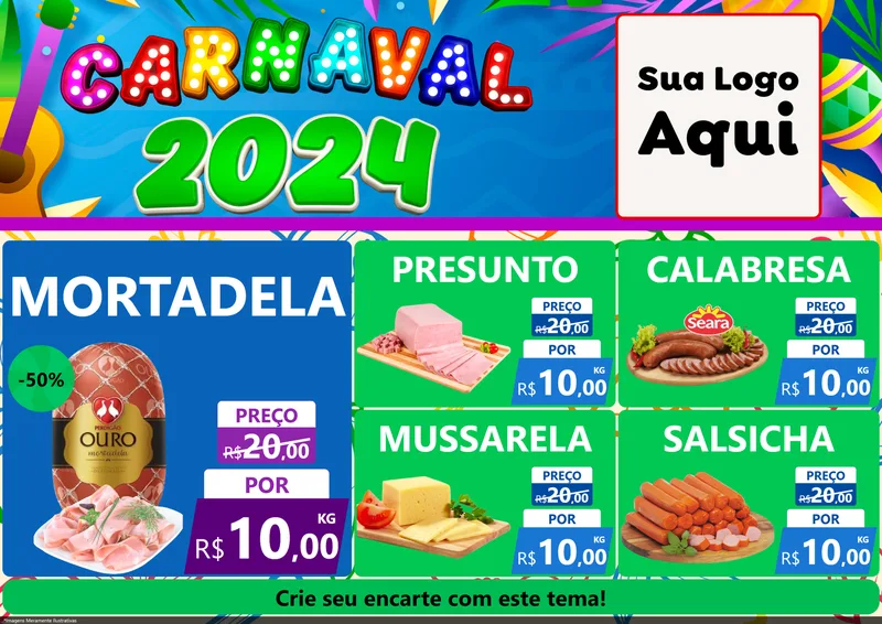 Modelo de Encarte para Encarte A4 Horizontal com o tema Carnaval 2027 para Frios e Laticínios