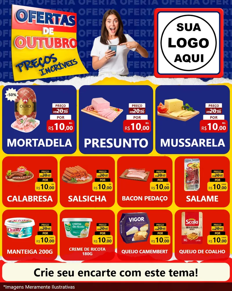 Modelo de Rede Social para Feed Instagram com o tema Ofertas de Outubro - Preços Incríveis para Frios e Laticínios