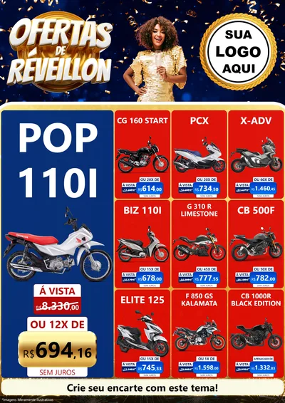 Modelo de Encarte para Encarte A4 Vertical com o tema Ofertas de Réveillon para Concessionaria de Motos