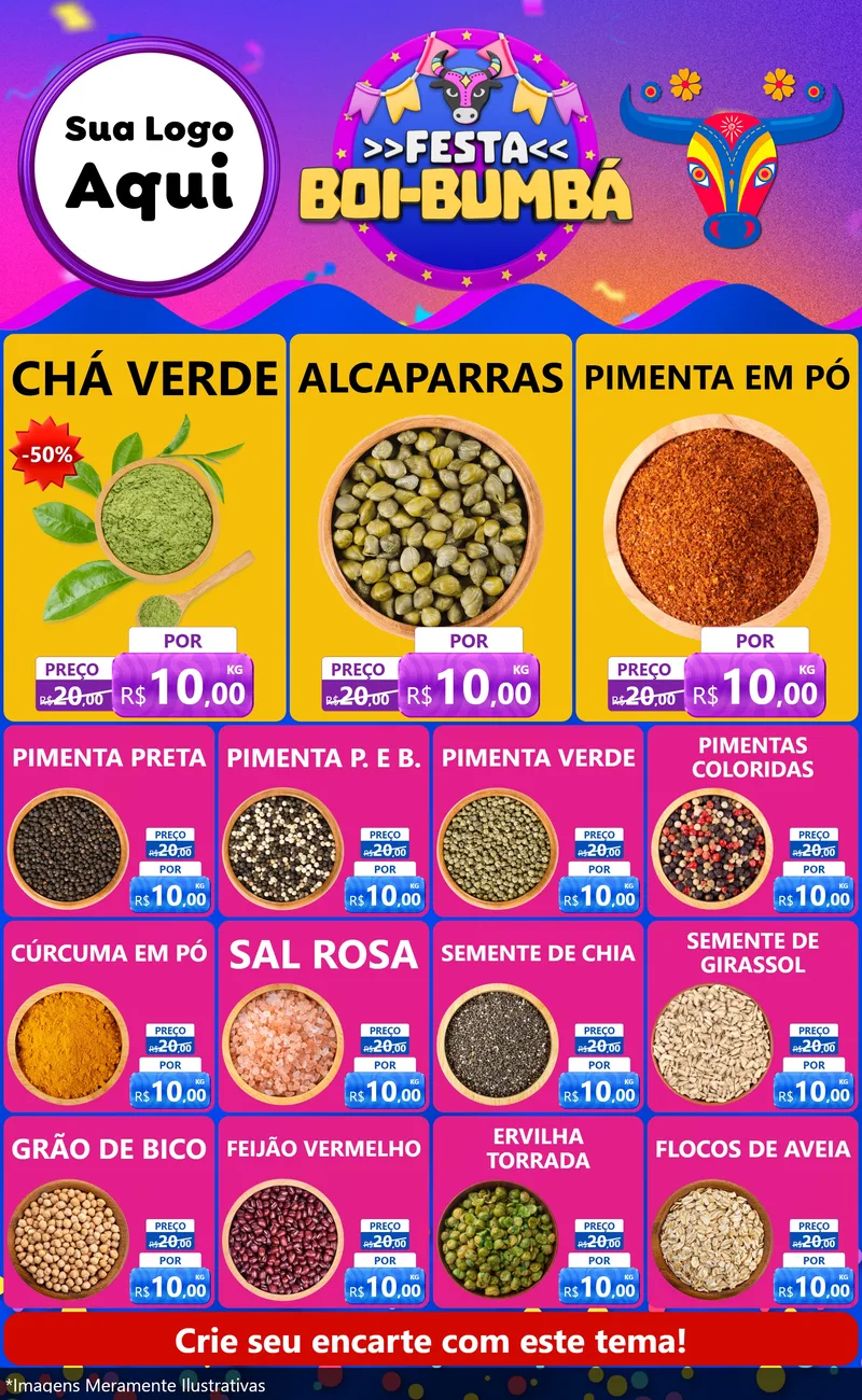 Modelo de Encarte para Encarte Grande com o tema Festa Boi-Bumbá para Produtos Naturais