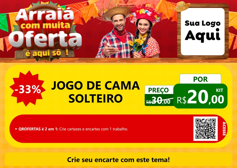 Modelo de Cartaz para Cartaz A4 Horizontal com o tema Arraiá Com Muita Oferta - É Aqui Sô! para Cama, Mesa e Banho