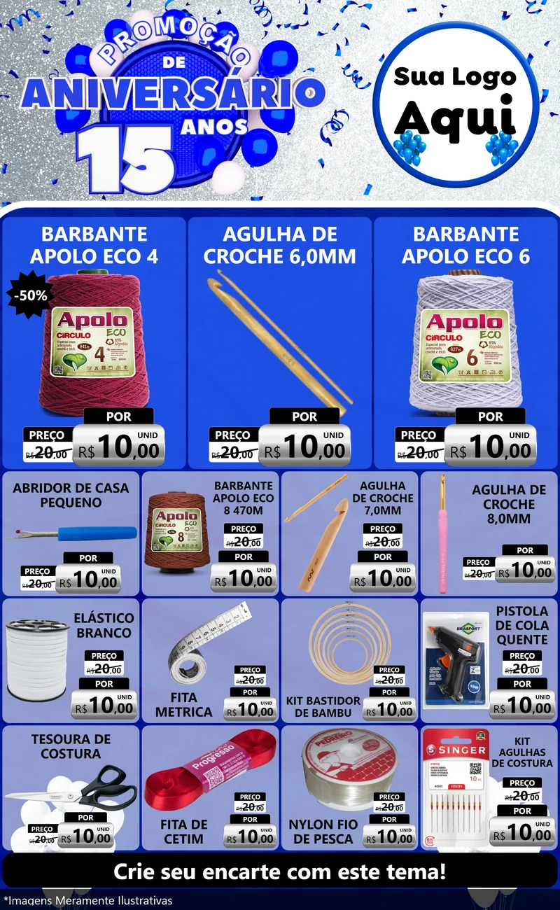 Modelo de Encarte para Encarte Grande com o tema Promoção de Aniversário - 15 Anos para Armarinho e Aviamentos
