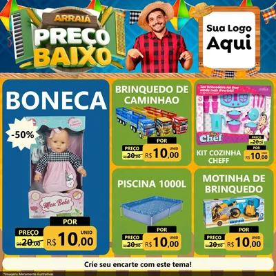 Modelo de Rede Social para Feed Facebook com o tema Arraiá de Preço Baixo - Junina para Brinquedos