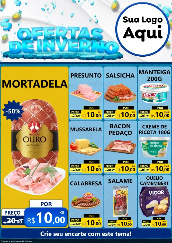 Modelo de Encarte para Encarte A4 Vertical com o tema Ofertas de Inverno para Frios e Laticínios