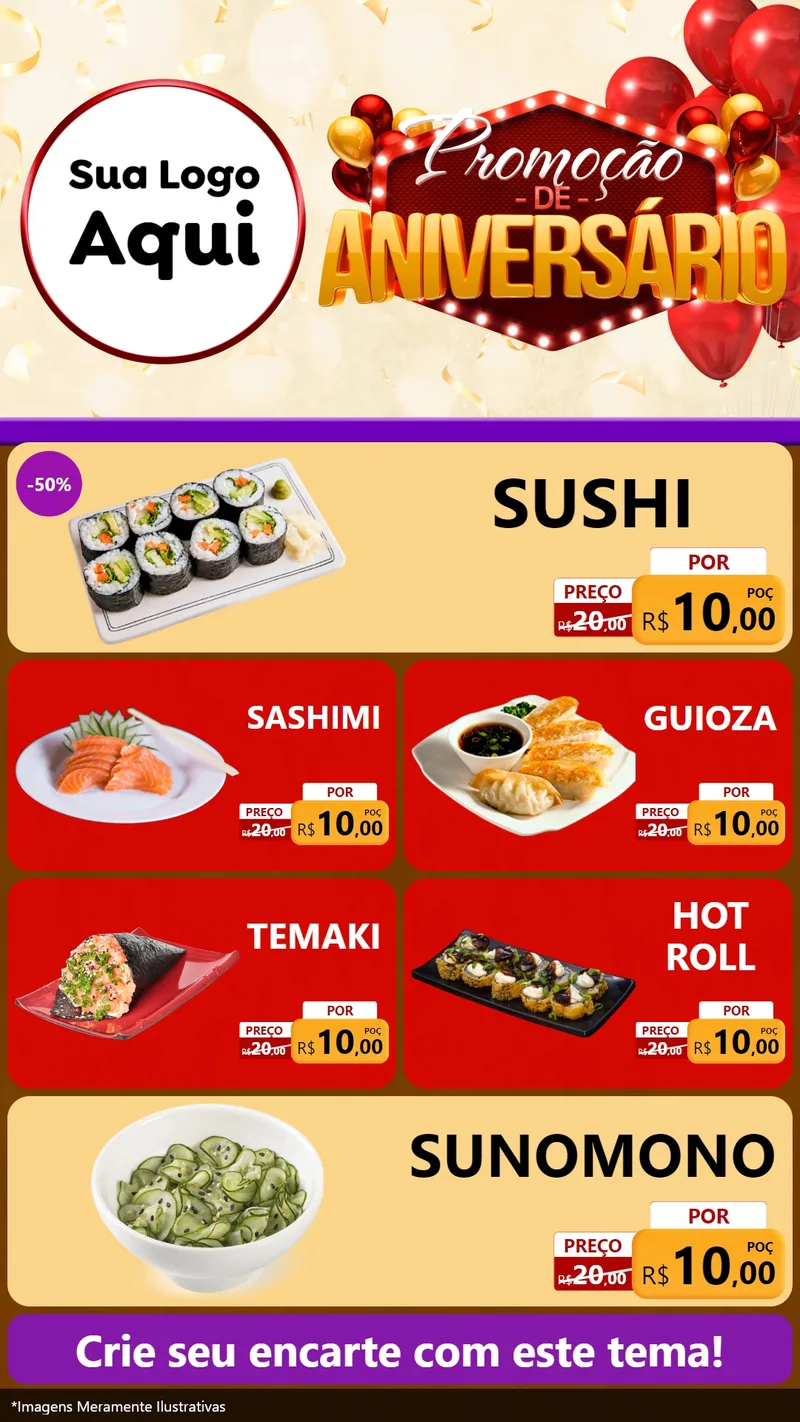 Modelo de TV para TV Vertical com o tema Promoção de Aniversário para Comida japonesa