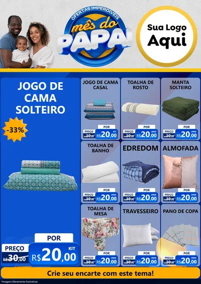 Modelo de Encarte para Encarte A4 Vertical com o tema Ofertas Imperdíveis Mês Do Papai para Cama, Mesa e Banho