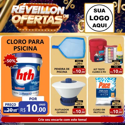 Modelo de Rede Social para Feed Facebook com o tema Réveillon de Ofertas para Produtos para Piscina