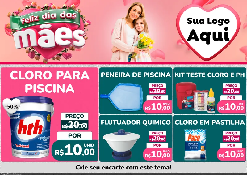 Modelo de Encarte para Encarte A4 Horizontal com o tema Feliz Dia das Mães para Produtos para Piscina