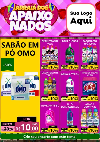 Modelo de Encarte para Encarte A4 Vertical com o tema Arraiá dos Apaixonados para Produtos de Limpeza