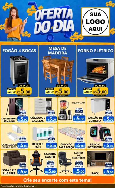 Modelo de Encarte para Encarte Grande com o tema Oferta do Dia para Móveis e Eletro