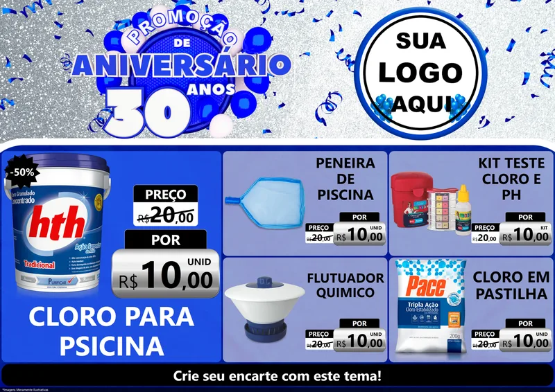 Modelo de Encarte para Encarte A4 Horizontal com o tema Promoção de Aniversário - 30 Anos para Produtos para Piscina