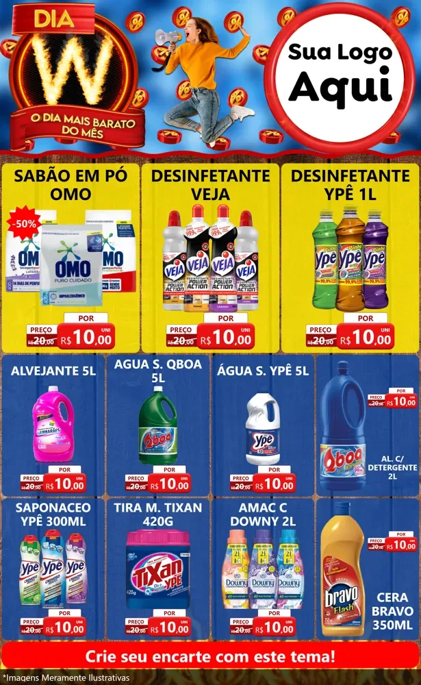 Modelo de Encarte para Encarte Grande com o tema Dia W - O Dia Mais Barato Do Mês para Produtos de Limpeza
