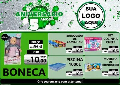 Modelo de Encarte para Encarte A4 Horizontal com o tema Promoção de Aniversário - 5 Anos para Brinquedos