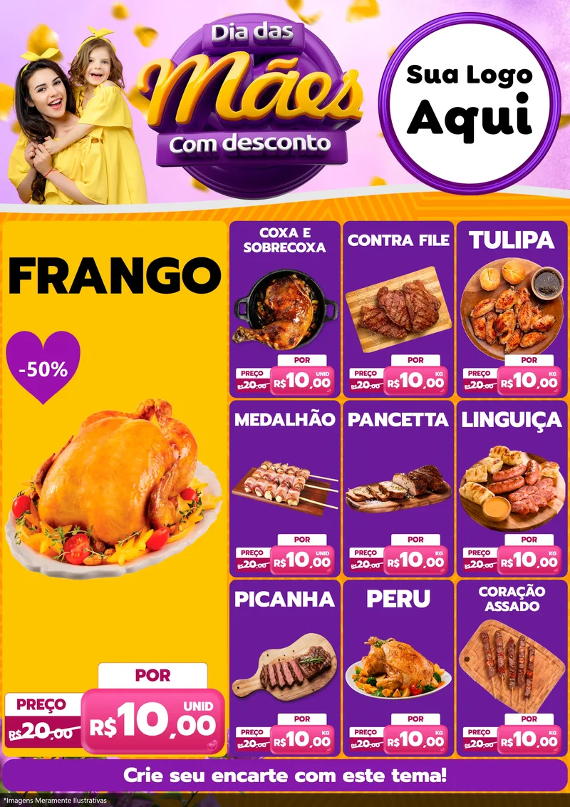 Modelo de Encarte para Encarte A4 Vertical com o tema Dia das Mães com Desconto para Assados