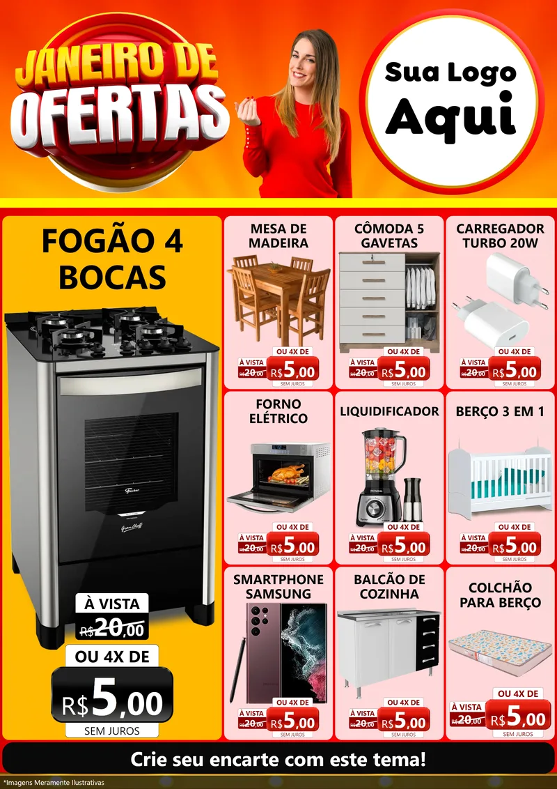 Modelo de Encarte para Encarte A4 Vertical com o tema Janeiro de Ofertas para Móveis e Eletro
