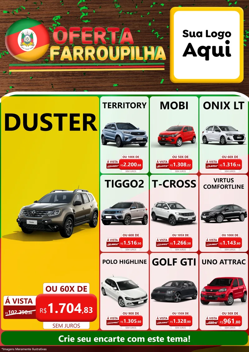 Modelo de Encarte para Encarte A4 Vertical com o tema Oferta Farroupilha para Concessionaria de Carros