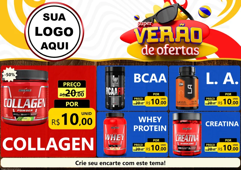 Modelo de Encarte para Encarte A4 Horizontal com o tema Super Verão de Ofertas para Suplementos alimentares