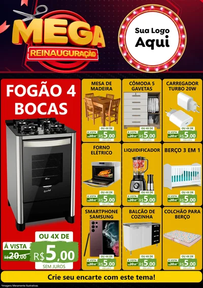 Modelo de Encarte para Encarte A4 Vertical com o tema Mega Reinauguração para Móveis e Eletro