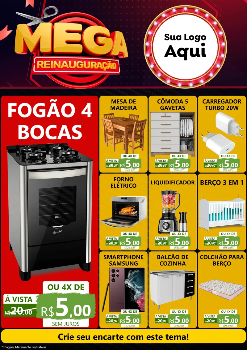Modelo de Encarte para Encarte A4 Vertical com o tema Mega Reinauguração para Móveis e Eletro