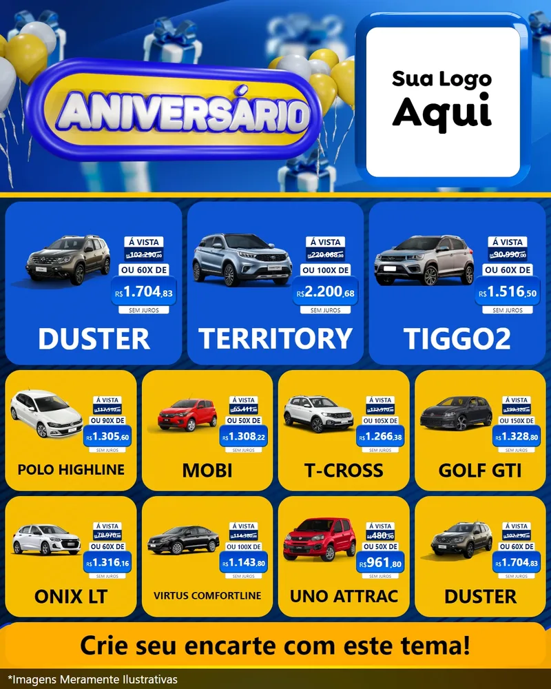 Modelo de Rede Social para Feed Instagram com o tema Aniversário para Concessionaria de Carros