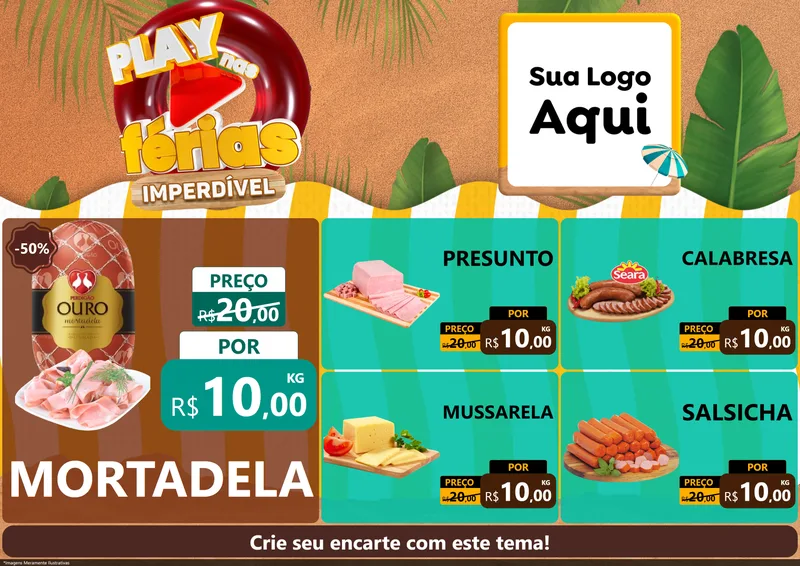 Modelo de Encarte para Encarte A4 Horizontal com o tema Play Nas Férias Imperdível para Frios e Laticínios