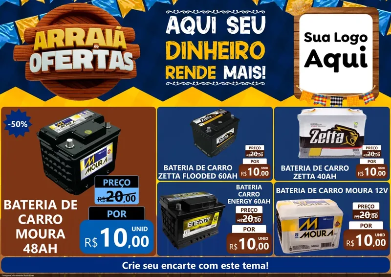 Modelo de Encarte para Encarte A4 Horizontal com o tema Arraiá de Ofertas - Junina para Baterias Elétricas