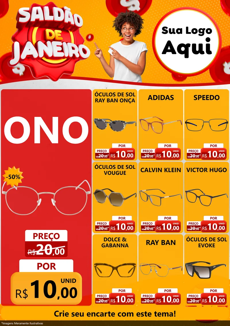 Modelo de Encarte para Encarte A4 Vertical com o tema Saldão de Janeiro para Óticas