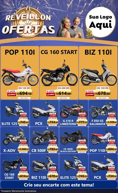 Modelo de Encarte para Encarte Grande com o tema Réveillon de Ofertas para Concessionaria de Motos