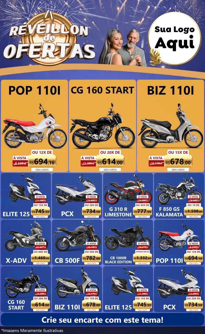 Modelo de Encarte para Encarte Grande com o tema Réveillon de Ofertas para Concessionaria de Motos