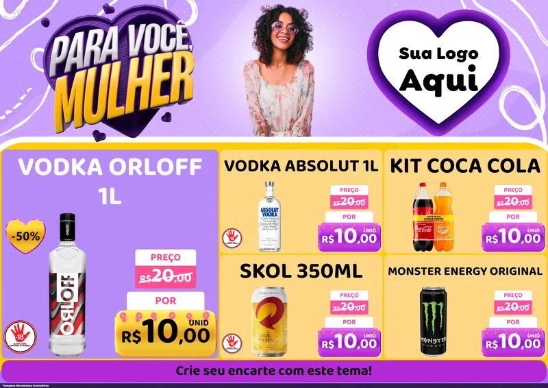 Modelo de Encarte para Encarte A4 Horizontal com o tema Para Você, Mulher para Distribuidora de bebidas