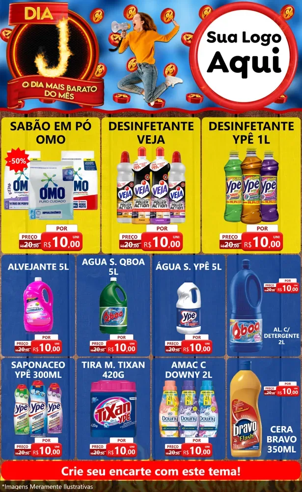Modelo de Encarte para Encarte Grande com o tema Dia J - O Dia Mais Barato Do Mês para Produtos de Limpeza